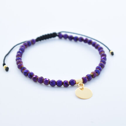 Bratara personalizata realizata manual cu pietre semipretioase Hematit mov si banut Argint 925 placat cu aur, 10mm