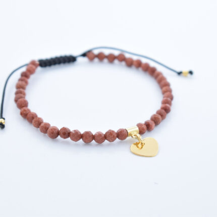 Bratara reglabila realizata manual cu pietre semipretioase piatra Soarelui si charm Inima din Argint 925 palcat cu aur, 10mm
