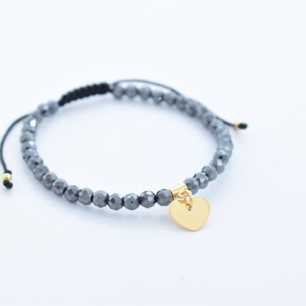 Bratara personalizata realizata manual cu pietre semipretioase Hematit gri si inima Argint 925 placat cu aur, 10mm