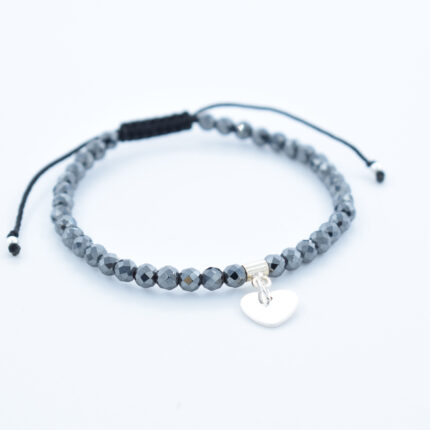 Bratara personalizata realizata manual cu pietre semipretioase Hematit gri si inima Argint 925, 10mm
