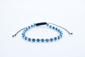 Bratara reglabila cu bile Argint 925 si pietre semipretioase Hematit fatetat albastru de 4mm