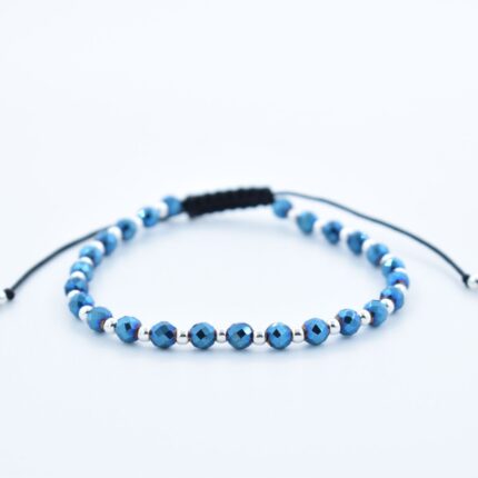 Bratara reglabila cu bile Argint 925 si pietre semipretioase Hematit fatetat albastru de 4mm
