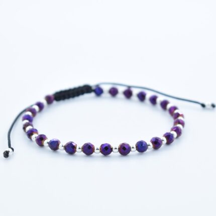Bratara reglabila cu bile Argint 925 si pietre semipretioase Hematit fatetat mov de 4mm