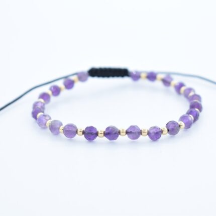 Bratara reglabila cu bile Argint 925 placat aur si pietre semipretioase Ametist,  dimensiune 4mm