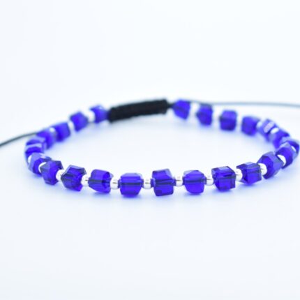 Bratara reglabila cu bile Argint 925 si pietre semipretioase Cristal Sticla, cub albastru dimensiune 4mm