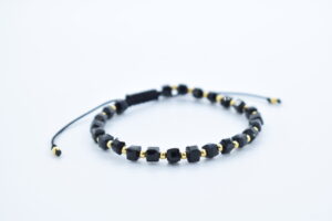 Bratara reglabila cu bile Argint 925 placat aur si pietre semipretioase cristal sticla ,cub negru de 4mm