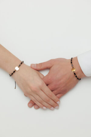 Set 2 bratari "Duo Black" handmade personalizate snur reglabil cristal sticla cu banut din Argint 925 placat cu aur - imagine 2